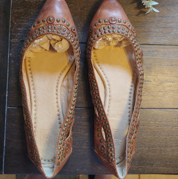 Frye brown leather flats with gold studs
